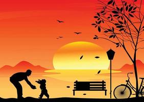 Silhouette of Happy Father and his Little Child Playing at Sunset vector