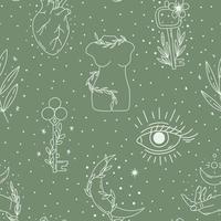 Contemporary Magical seamless pattern. Mystic vector heart, key, leaf, magic book, eye, moon. Pastel boho background