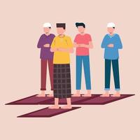 Men pray together in the mosque in the month of ramadan. Flat Illustration Modern Design.