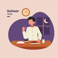 Young man eating at early morning for fasting. Suhoor Time in Ramadan vector illustration.