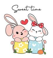 two couple cute friendship baby bunny rabbith white and pink hug easter eggs, cartoon drawing outline, Happy easter vector