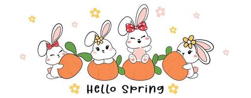 group of Cute Happy white baby bunny rabbit with carrot, Hello Spring, cartoon drawing outline banner vector