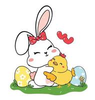 lindo conejito bebé conejo blanco abrazo bebé pollo sonriente, celebrando pascua, esquema de dibujo de dibujos animados, mejor amigo vector
