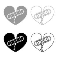 corazón con parche que conecta dos mitades conjunto de contorno de icono color gris negro ilustración vectorial imagen de estilo plano vector