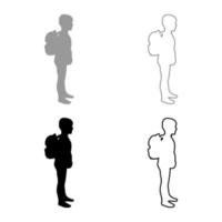 Schoolboy with backpack Pupil stand carrying on back Going to school concept Come back to school idea education Preschooler rucksack first September start lessons knapsack Side view silhouette grey vector