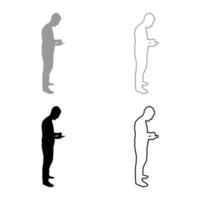 Man holding smartphone phone Playing tablet Male using communication tool Idea looking phone addiction Concept dependency from modern technologies silhouette grey black color vector illustration