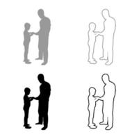Man transmits thing to boy Father Male give book gadget smartphone son children take something Dad relationship Family concept Child friendship toddler daddy silhouette grey black color vector