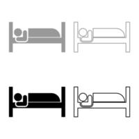 el hombre yace en la cama durmiendo concepto hotel signo conjunto icono gris negro color vector ilustración imagen estilo plano sólido relleno contorno contorno línea delgado