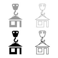 Crane hook lifts home Holds roof house icon outline set black grey color vector illustration flat style image