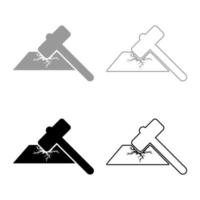 Sledge hammer breaks hard surface with formation of strong cracks icon outline set black grey color vector illustration flat style image