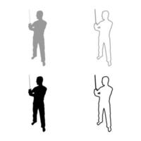 Man with sword machete Cold weapons in hand military man Soldier Serviceman in positions Hunter with knife Fight poses Strong defender Warrior concept Weaponry Stand silhouette grey black color vector