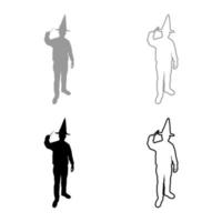 Wizard holds magic wand trick Waving Sorcery concept Magician Sorcerer Fantasy person Warlock man in robe with magical stick Witchcraft in hat mantle Mage conjure Mystery idea Enchantment silhouette vector