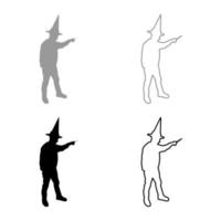 Wizard holds magic wand trick Waving Sorcery concept Magician Sorcerer Fantasy person Warlock man in robe with magical stick Witchcraft in hat mantle Mage conjure Mystery idea Enchantment silhouette vector