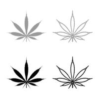 hoja cannabis marihuana cáñamo set icono gris negro color vector ilustración imagen plano estilo sólido relleno contorno contorno línea delgado