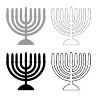 chanukah menorah vacaciones judías candelabro con velas portavelas de israel conjunto icono gris negro color vector ilustración imagen estilo plano sólido relleno contorno contorno línea delgado