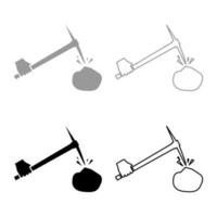 Pickaxe hit stone in hand set icon grey black color vector illustration image flat style solid fill outline contour line thin