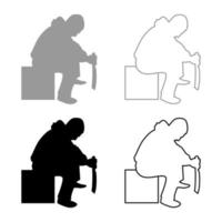 Man with sword machete Cold weapons in hand military man Soldier Serviceman in positions Hunter with knife Fight poses Strong defender Warrior concept Weaponry Sit on box silhouette grey black color vector