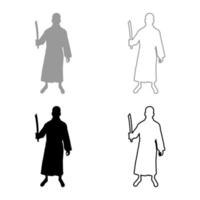 Man with sword machete Cold weapons in hand military man Soldier Serviceman in positions Hunter with knife Fight poses Strong defender Warrior concept Weaponry Stand silhouette grey black color vector