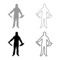 Man with sword machete remove sheath scabbard Cold weapons in hand military man Soldier Serviceman in positions Hunter with knife Fight poses Strong defender Warrior concept Weaponry Stand silhouette vector