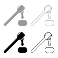 Honey drips from honey spoon into pot Stick with wooden and jar liquid nectar icon outline set black grey color vector illustration flat style image