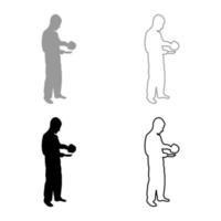 Man with saucepan in his hands preparing food Male cooking use sauciers water poured in plate silhouette grey black color vector illustration solid outline style image