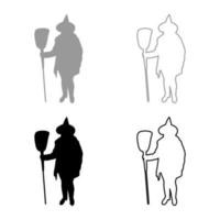 Fairy Wizard Witch standing with broom Subject for Halloween concept silhouette grey black color vector illustration solid outline style image