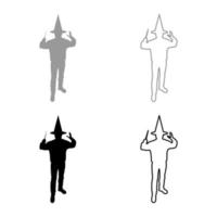 Wizard holds magic wand trick Waving Sorcery concept Magician Sorcerer Fantasy person Warlock man in robe with magical stick Witchcraft in hat mantle Mage conjure Mystery idea Enchantment silhouette vector