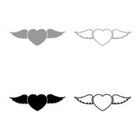 corazón con alas de ángel pluma voladora conjunto icono gris negro color vector ilustración estilo plano imagen