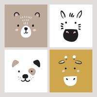 Animal faces set of graphics. Cute bear, zebra, giraffe dog. Hand drawn, pastel colors. Illustration for baby kids poster, nursery wall art, card, invitation, birthday, apparel.