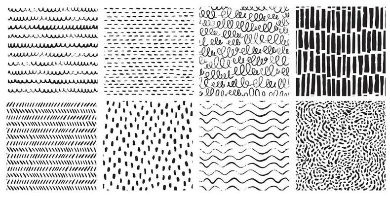 Hand drawn ink pattern and textures set. Expressive seamless abstract vector backgrounds in black and white. Trendy monochrome brush marks.