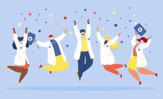 A group of doctors in white coats and protective masks jumps and celebrates against the background of confetti. vector