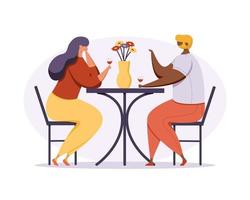 Happy man and woman sitting at table and drinking wine. vector