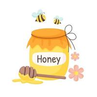 Honey jar with bees, flowers and dipper. Isolated illustration for honey label, products, package design. Flat vector style.