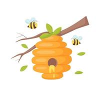 Honey hive with bees hanging on a branch. Isolated illustration for honey label, products, package design. Flat vector style.