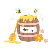 Honey wooden barrel with bees, flowers, and dipper. Isolated illustration for honey label, products, package design. Flat vector style.