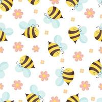 Seamless pattern with flying bees and flowers on white background Illustration for background, print, and textile. Flat vector style.