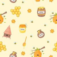 Seamless pattern with bees and honey thematic elements on yellow background. Cute cartoon illustration in flat vector style.