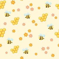 Seamless pattern with bees, honeycomb, and flowers on yellow background. Cute cartoon illustration in flat vector style.