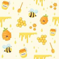 Seamless pattern with bees and honey thematic elements on yellow background. Cute cartoon illustration in flat vector style.