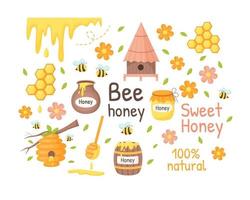 Set of bee honey thematic elements. Collection of isolated cute cartoon illustrations. Flat vector style.