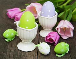 Easter eggs and tulips photo