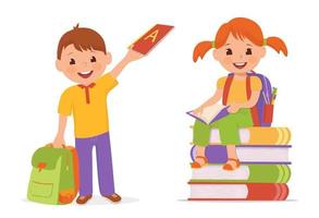 Set of a happy little boy with a briefcase and a notebook and a reading girl with a briefcase sitting on a stack of books. Vector flat illustration