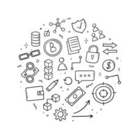 Hand drawn doodle set of blockchain theme items. Round composition. Sketch style. Cryptocurrency, electronic commerce concept. Vector illustration.