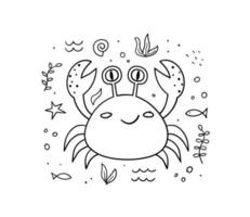 Cute crab linear vector illustration. Doodle sketch style.