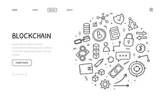 Hand drawn web banner of blockchain elements. Sketch style. Cryptocurrency, electronic commerce concept. Illustration for banner, website, landing page design template. vector