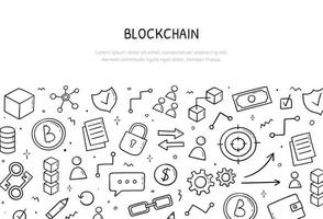 Hand drawn doodle set of blockchain theme items. Horizontal banner template. Cryptocurrency concept in sketch style. Vector electronic commerce illustration.