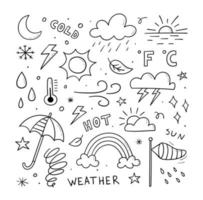 Set of weather icons. Hand drawn doodle illustration. Contains sign of the sun, clouds, snowflakes, wind, rain, moon, lightning and more isolated on white background. vector