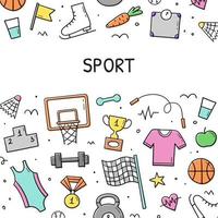 Hand drawn doodle set of Sports elements. Design template. Collection fitness objects and elements. Sketch style. Illustration for banner, frame, poster template. vector