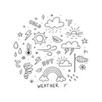 Hand drawn doodle set of weather related objects and elements. Sketch style. Round composition. Illustration for banner, icon, background. vector