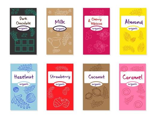 Chocolate packaging set, template with pattern in doodle style, chocolate bar packaging, editable template collection, vector illustration